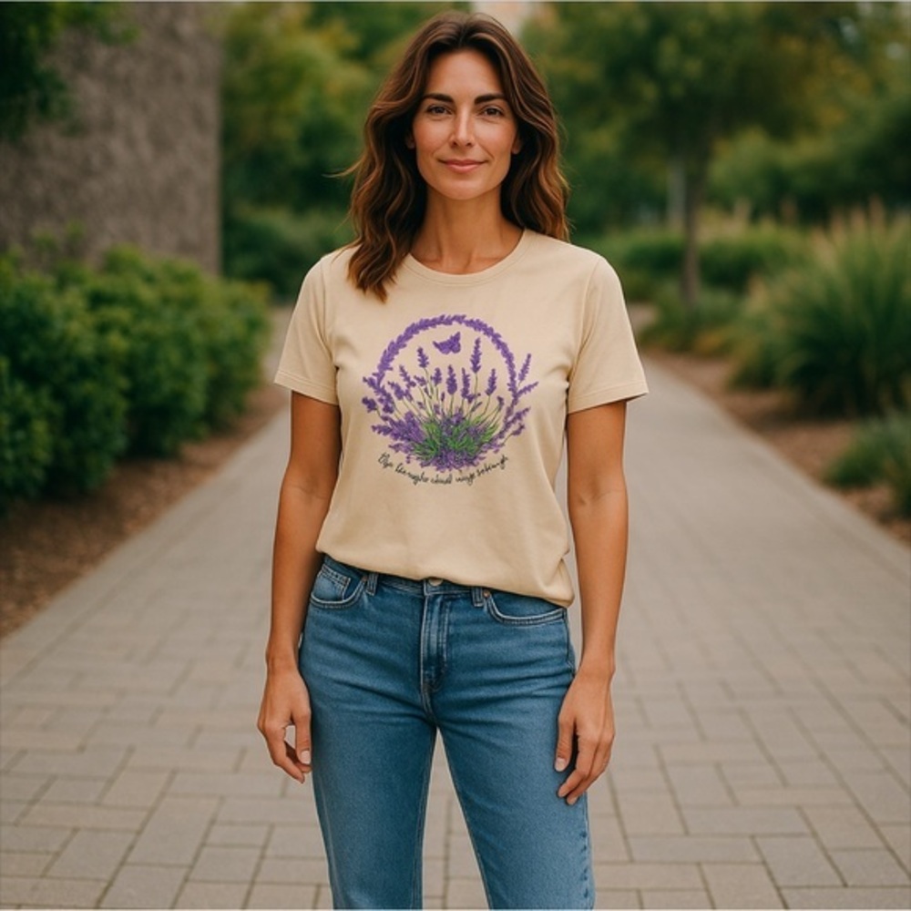 ✅🆕Wear18 short sleeve quote tee/ beige w/Lavender&Butterfly graphics 🪻🦋